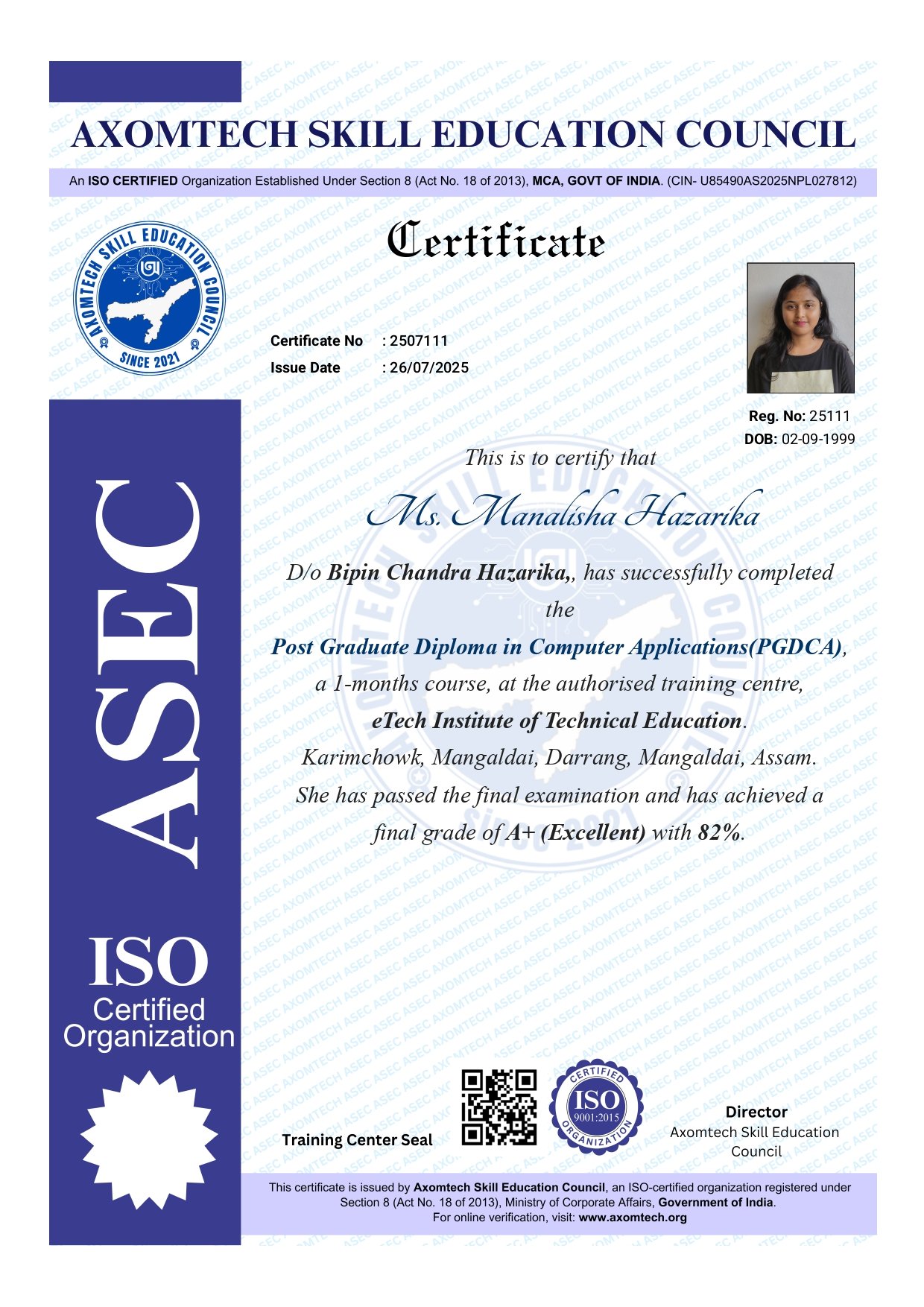 Sample of a professional, verifiable student certificate from Axomtech